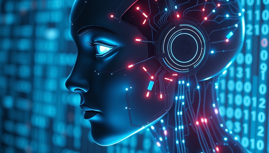 Futuristic AI design concept with circuits and binary code.