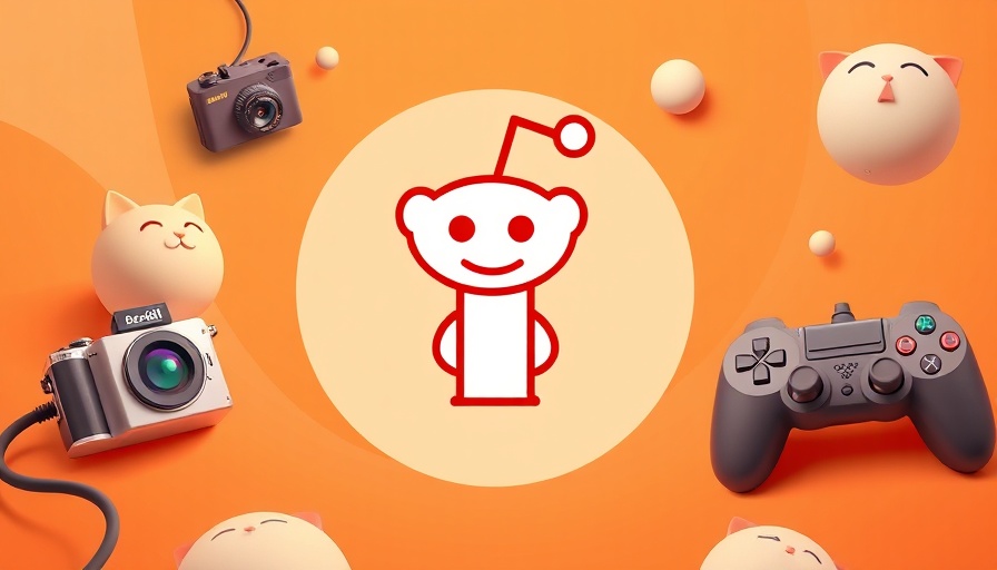 Reddit logo with playful orange 3D objects background.