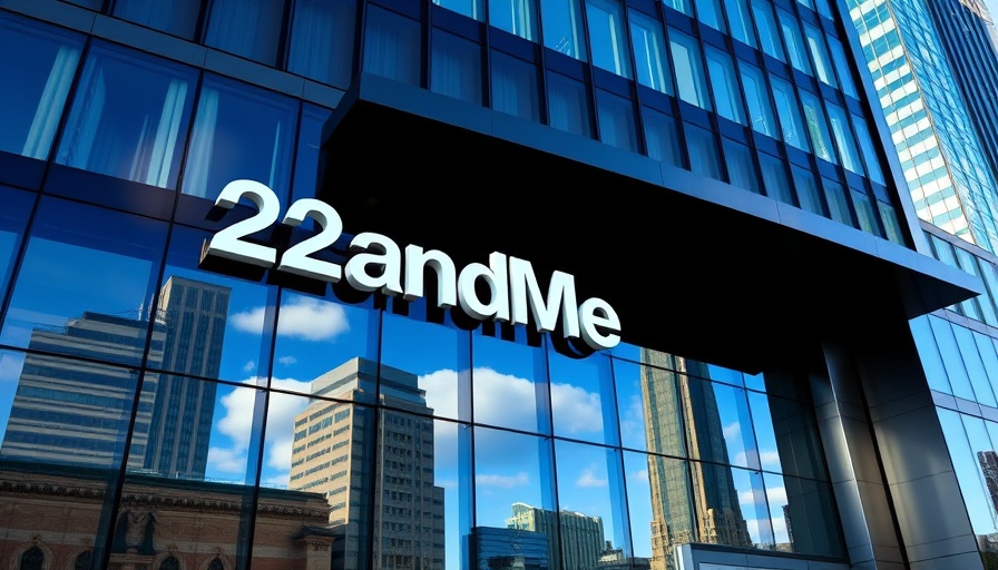 23andMe office building sign reflecting sky and trees.