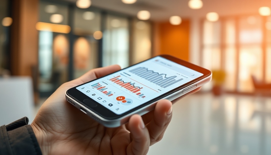 SARS MobiApp interface on sleek smartphone in an office setting.