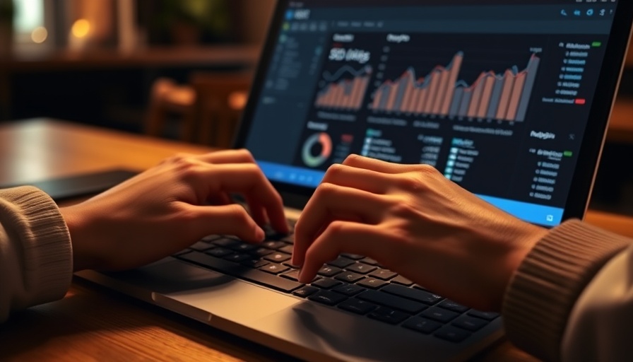 Close-up of hands typing on laptop with SEO analytics.