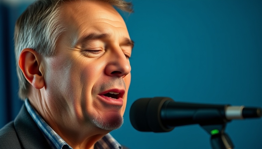 Middle-aged man discusses mental health on microphone in studio.