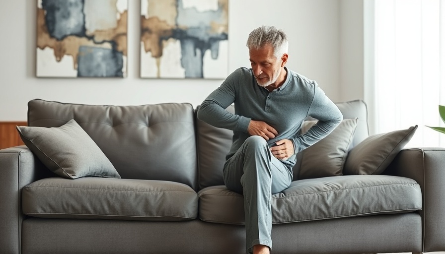 Middle-aged man demonstrating sacroiliac pain relief techniques in living room.