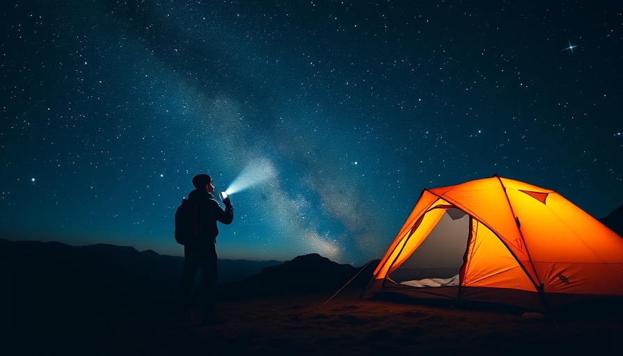 Astro-tourism experience: Camper under starry sky near tent.