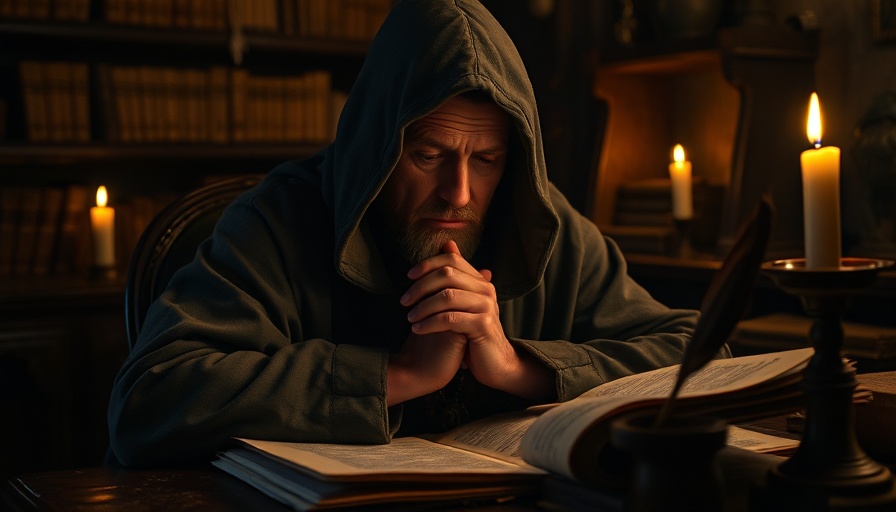 Mystical figure in ancient study, pondering creation of sin.