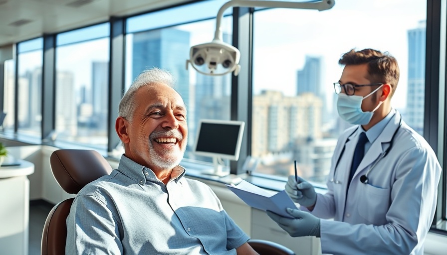 Smiling older man with dentist taking notes in bright clinic.