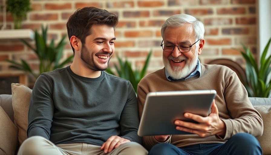 Young and older man bonding over a tablet, highlighting Gen Z lifestyle habits.