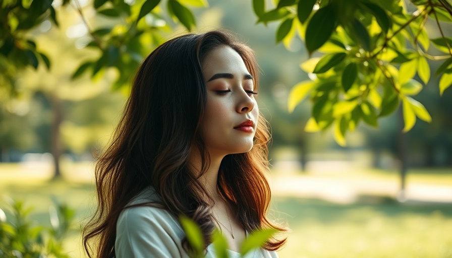 Substance abuse recovery concept with a serene woman meditating outdoors.