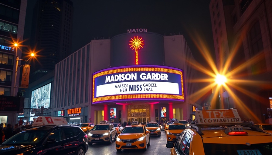 Night view of Madison Square Garden with taxis and pedestrians on busy street.