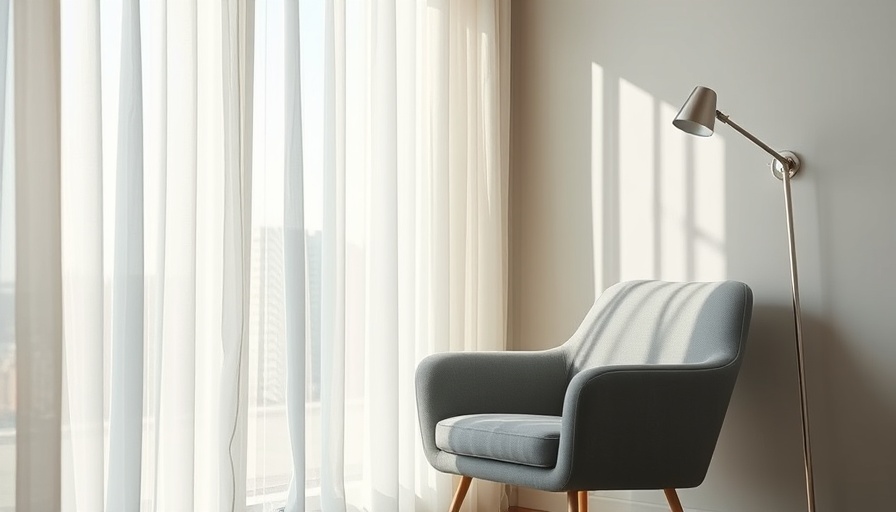 Minimalist gray armchair and lamp evoke calm and well-being.