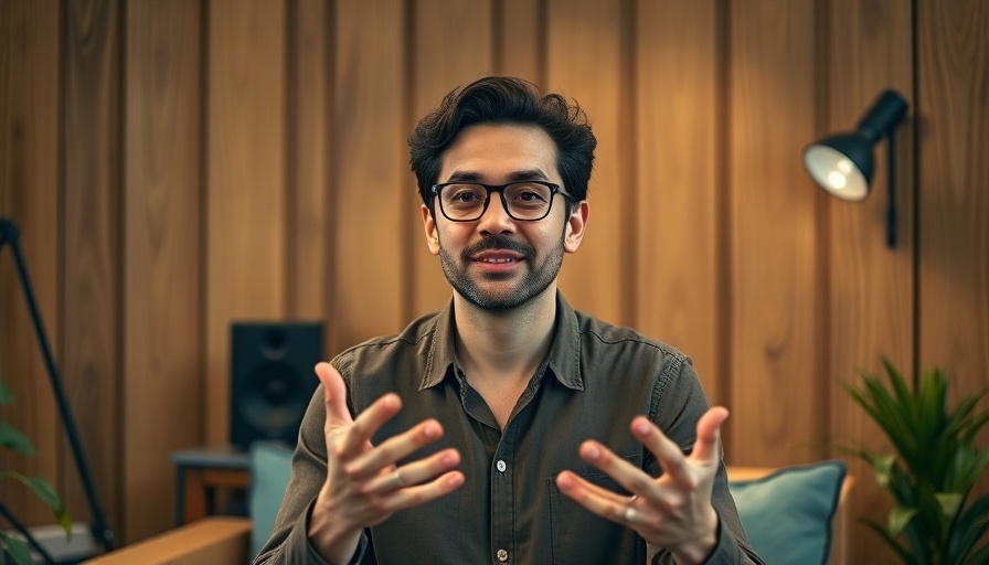Confident speaker giving blogging tips in a cozy studio setting.
