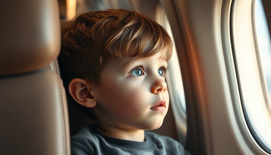 Young boy looking out airplane window during educational travel with kids.