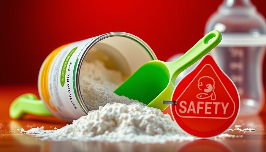 Open infant formula can with safety sign, infant formula testing focus.