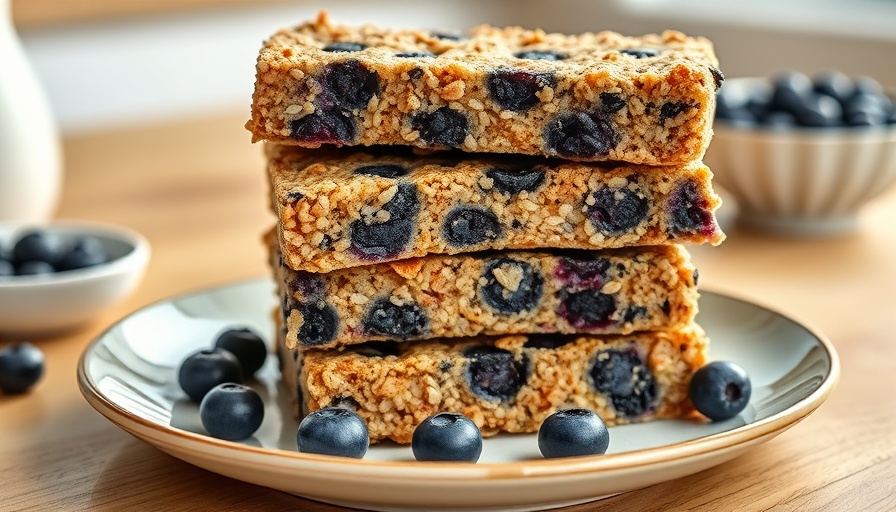 Stack of blueberry quinoa bars on a plate, close-up view.