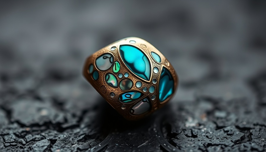 The Stingray Abalone Shell and Guitar String Ring on black surface