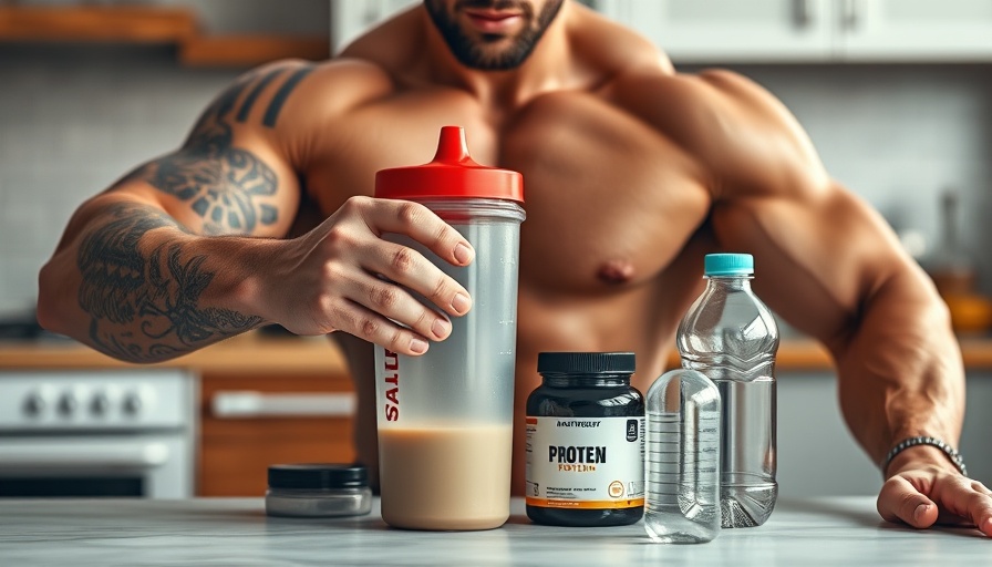 Muscular man with supplements for muscle growth on a table.