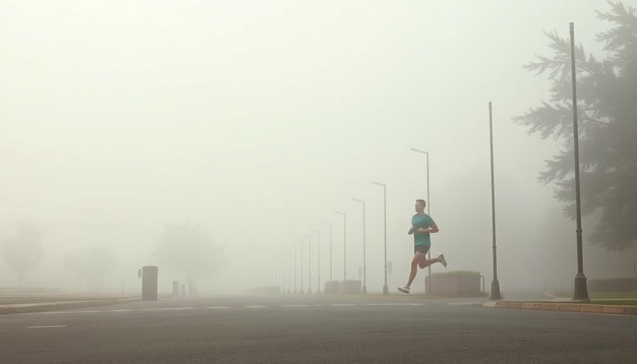 Person jogging through smoggy city street, highlighting air pollution.