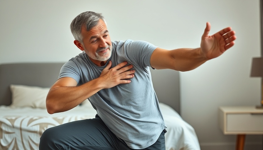 Middle-aged man demonstrating pelvic release techniques in bedroom