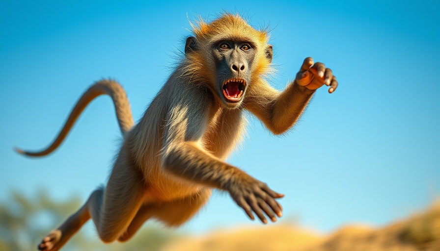 Dynamic baboon jumping in South African sky; vivid travel capture.