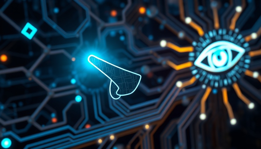 Futuristic digital network featuring blinking cursor and AI symbols.