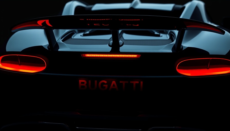Close-up of Bugatti hybrid luxury car with illuminated logo.