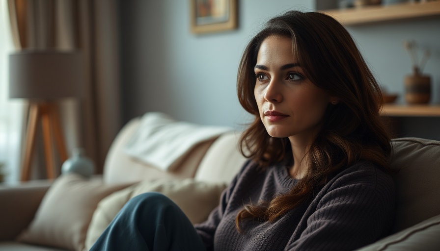 Contemplative woman in living room showing loneliness signs.