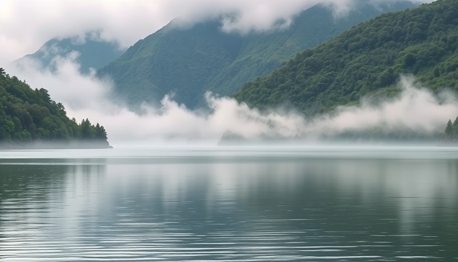 Tranquil landscape with calm lake and misty mountains to calm your mind.