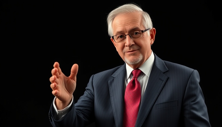 Man in a blue suit confidently speaking at an event.