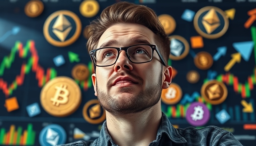 Flash loans in DeFi: excited man with crypto icons backdrop.
