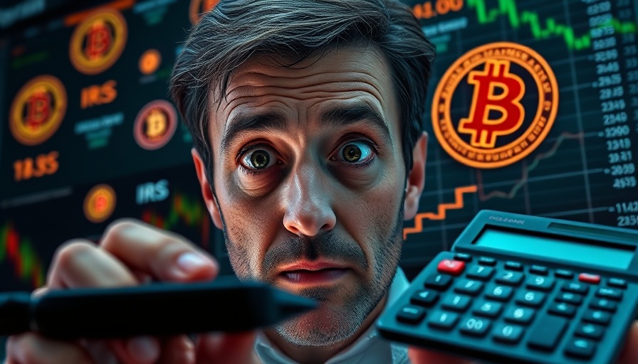 Concerned man with crypto taxes symbols and a calculator.