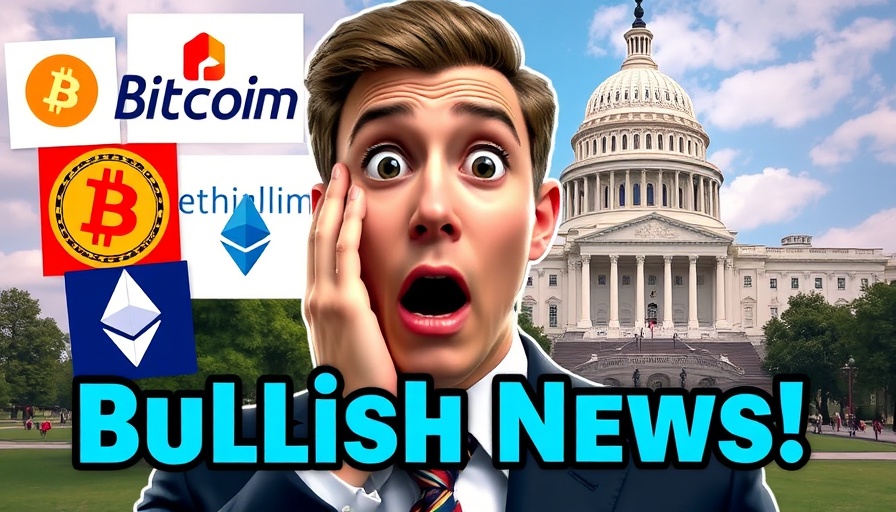 Surprised man with crypto logos and 'Bullish News' text related to US Stablecoin Bill.