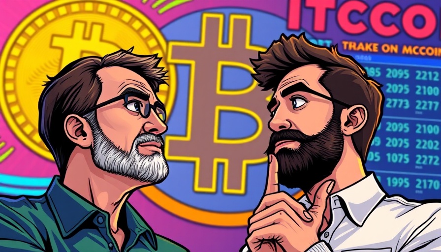 Vibrant cartoon of men discussing crypto trading insights.