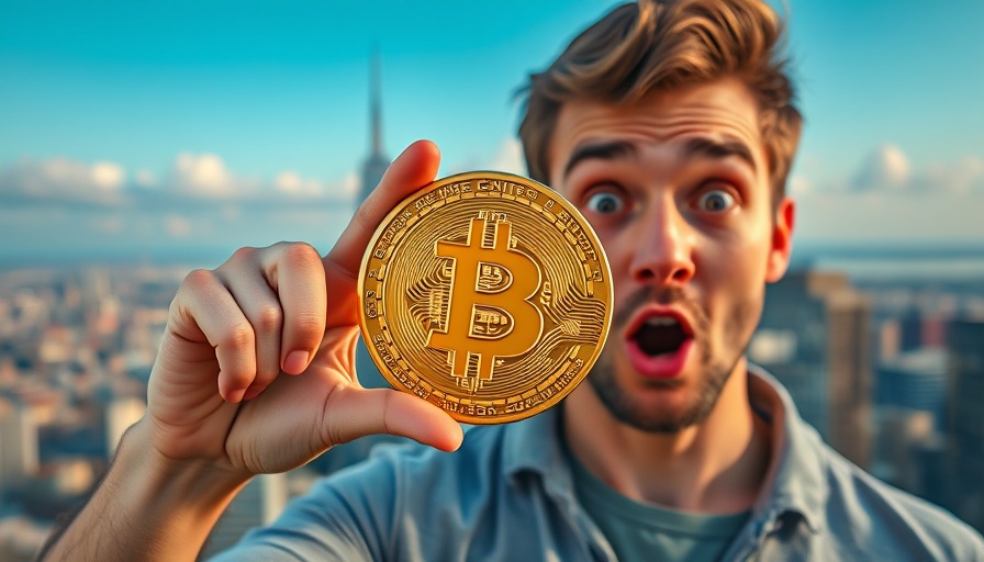 Bitcoin price analysis concept with surprised man and Bitcoin symbol.