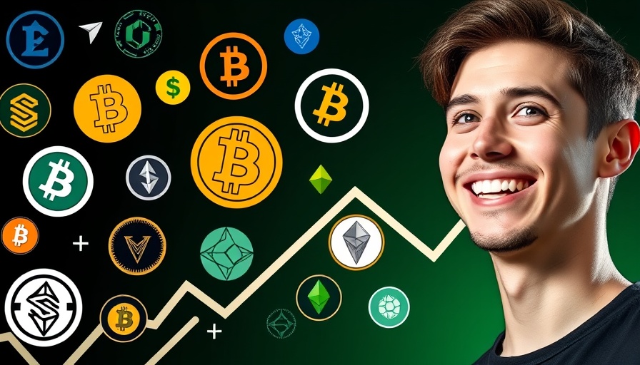 Bitcoin price analysis with cryptocurrency logos and upward trend line.