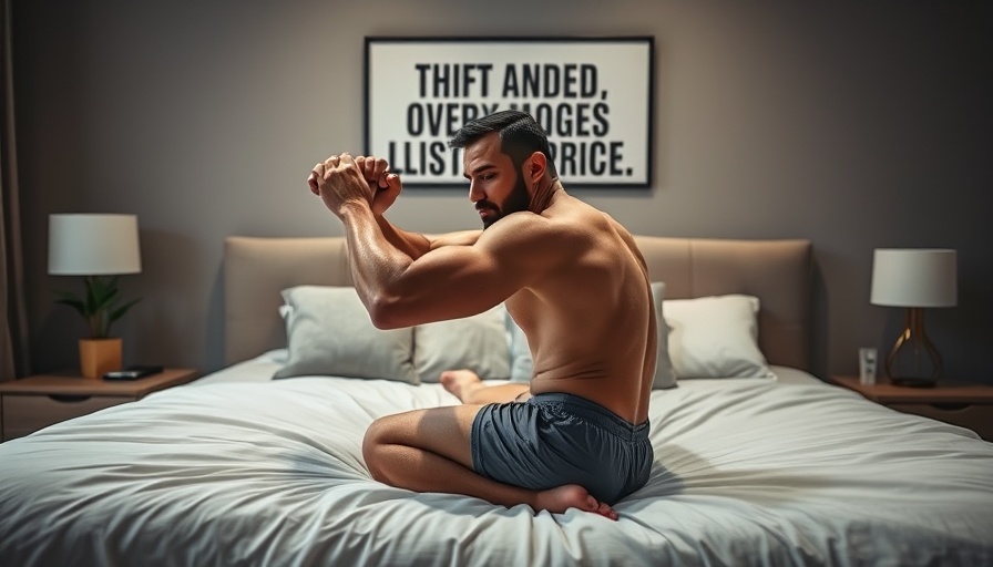 Man doing glute exercises in bed with motivational art.