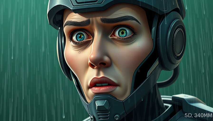 Ghibli Style Images of a surprised human-robot hybrid under rain.