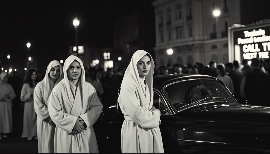Vintage photo of people in robes with a classic car at night
