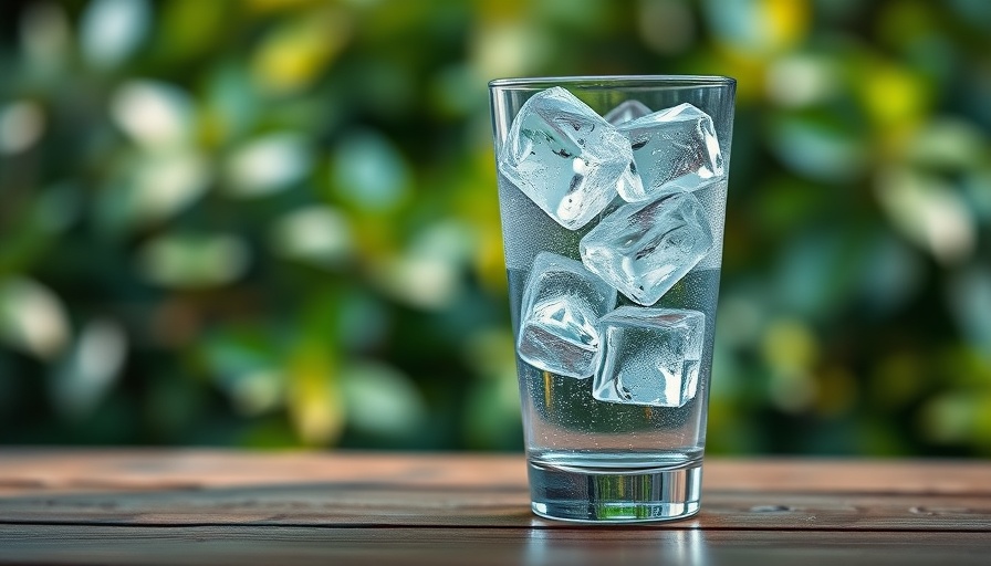 Refreshing hydrogen water with ice on a wooden table, blurred green backdrop.