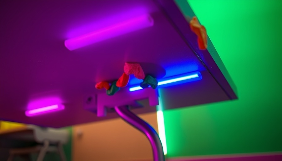 Neon-lit chewed gum on desk, vibrant colors, macro view.