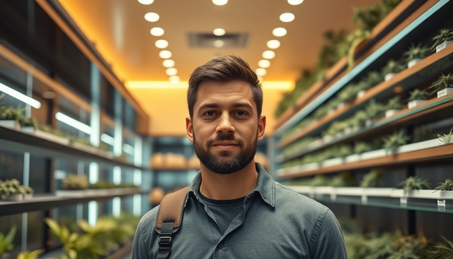 Confident young cannabis entrepreneur in modern shop, vibrant setting.