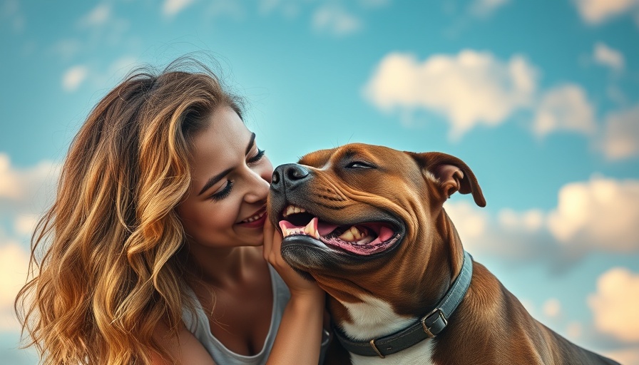 Dog Healing Mental Health: Woman bonding with joyful pitbull under vibrant sky.