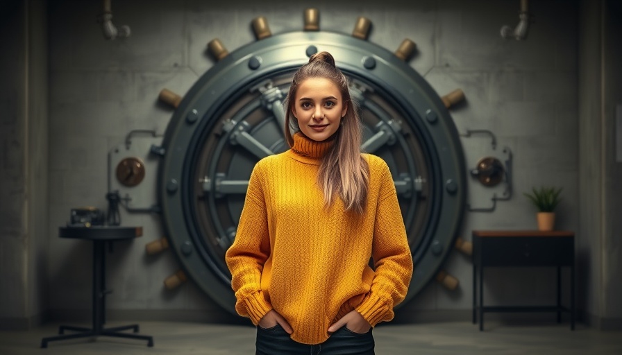 Young woman living in an old bank in Montreal, posing by a vault.