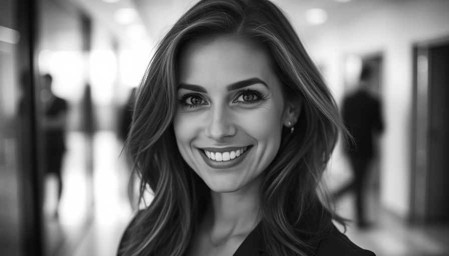 Monochrome portrait of smiling woman in modern office.