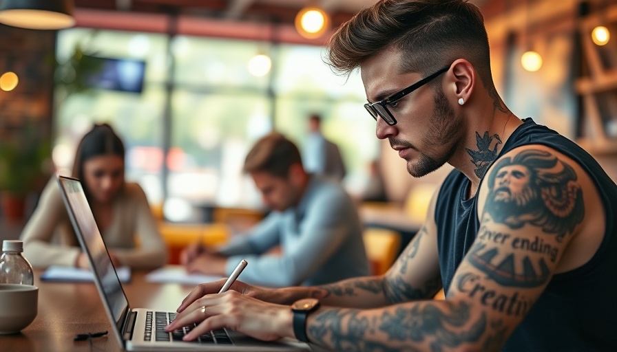 Creative collaboration in a café, focusing on brand identity on a laptop.