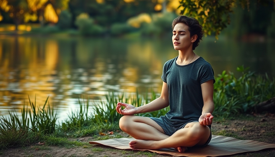 Mindfulness meditation by calm lake in lush nature, tranquil scene.