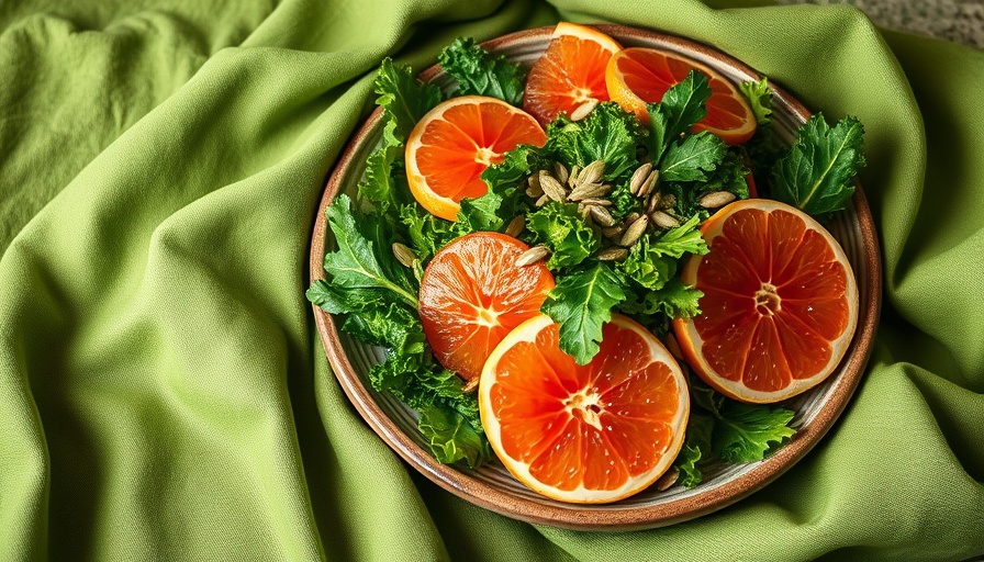 Kale and grapefruit salad on a rustic plate with seeds.