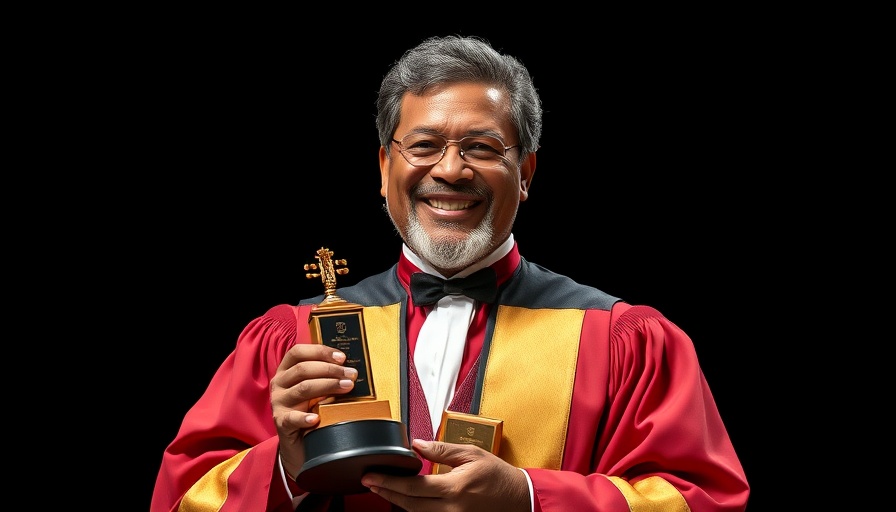 South African jazz musician in ceremonial robe with award.
