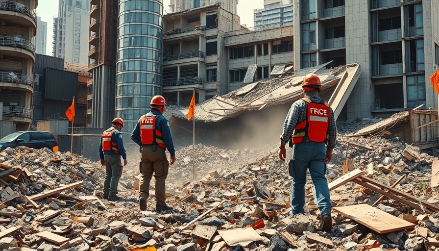 Myanmar earthquake eyewitness account scene with rescue workers and collapsed building.