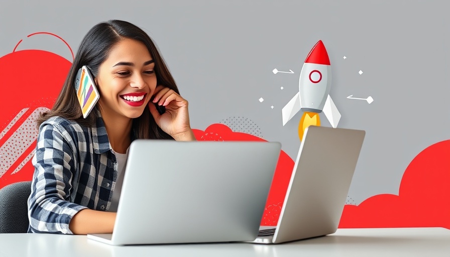 Dynamic young woman strategizing on a laptop with innovative rocket icon.