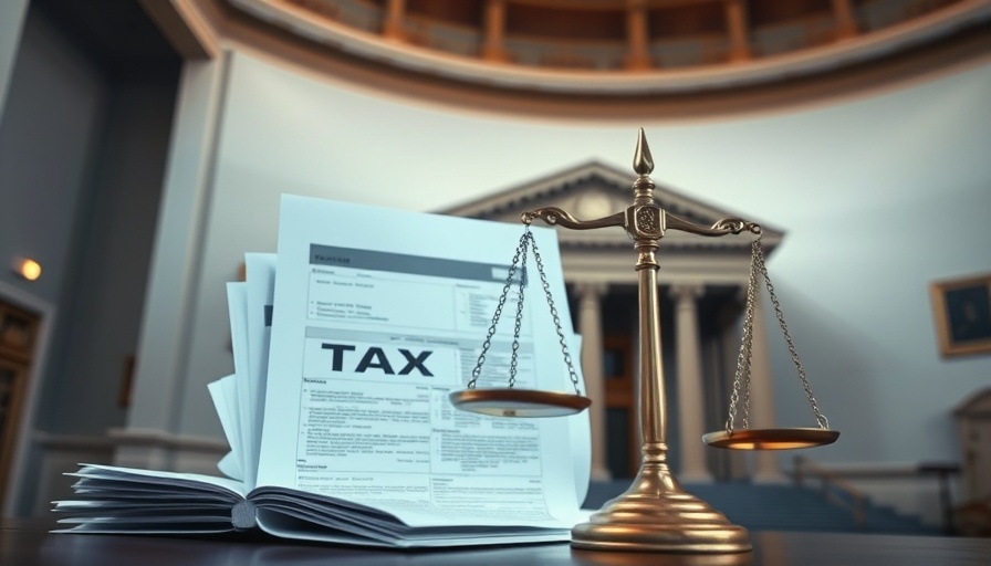 Symbolic courthouse with tax documents, scales of justice in a tax law context.
